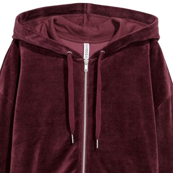 (SOLD) HM Burgundy Hooded Velour Jacket Women Size M - Picture 3 of 5